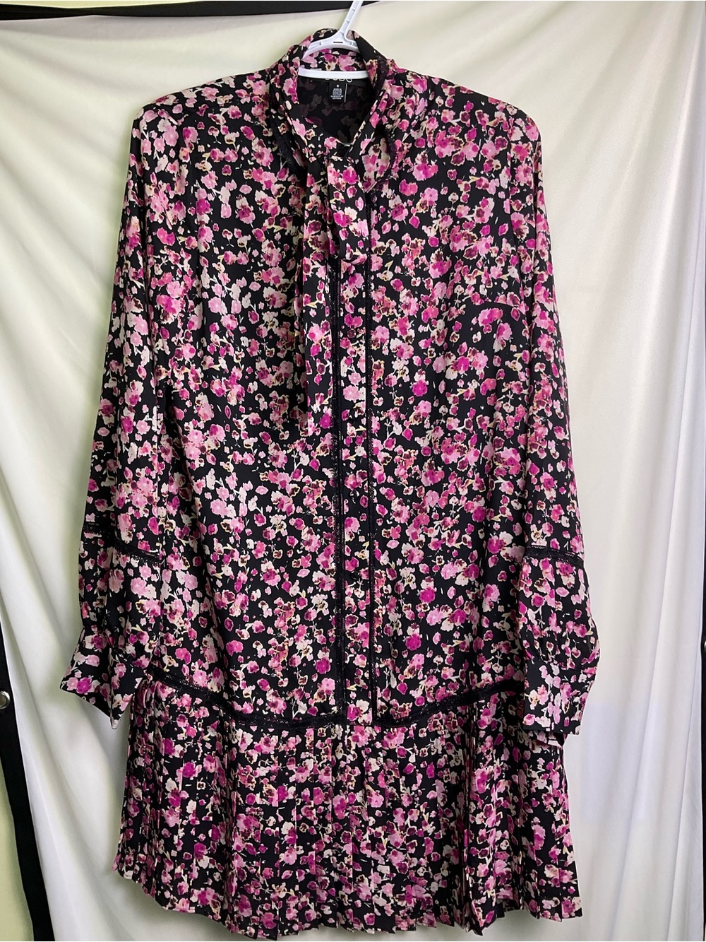BCBG Black and Pink Floral Print Dress with Tie